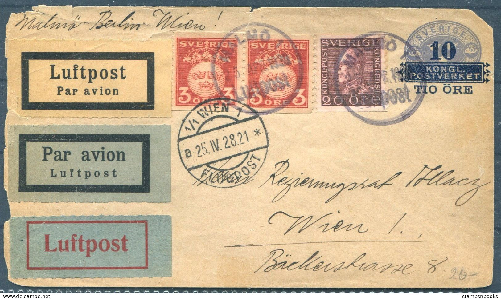 1928 Sweden Malmo - Wien Austria Airmail Luftpost Flight Cover - Covers & Documents