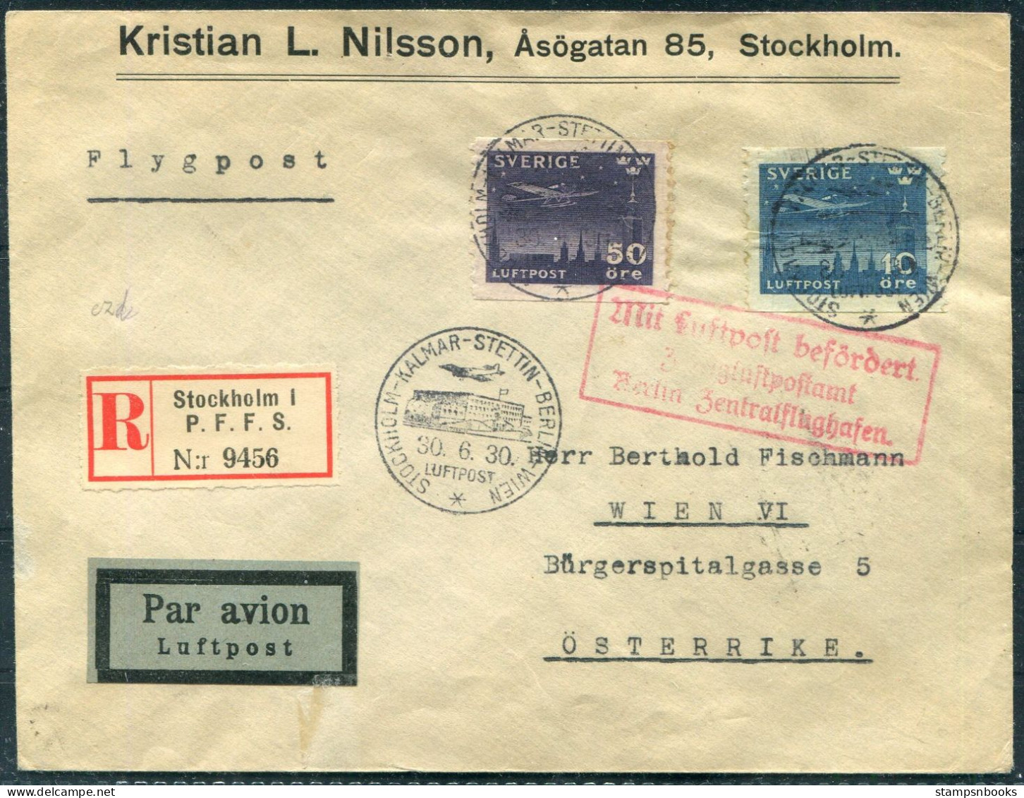 1930 Sweden Stockholm - Kalmar - Stettin - Berlin - Wien Austria Airmail Flight Cover  - Covers & Documents