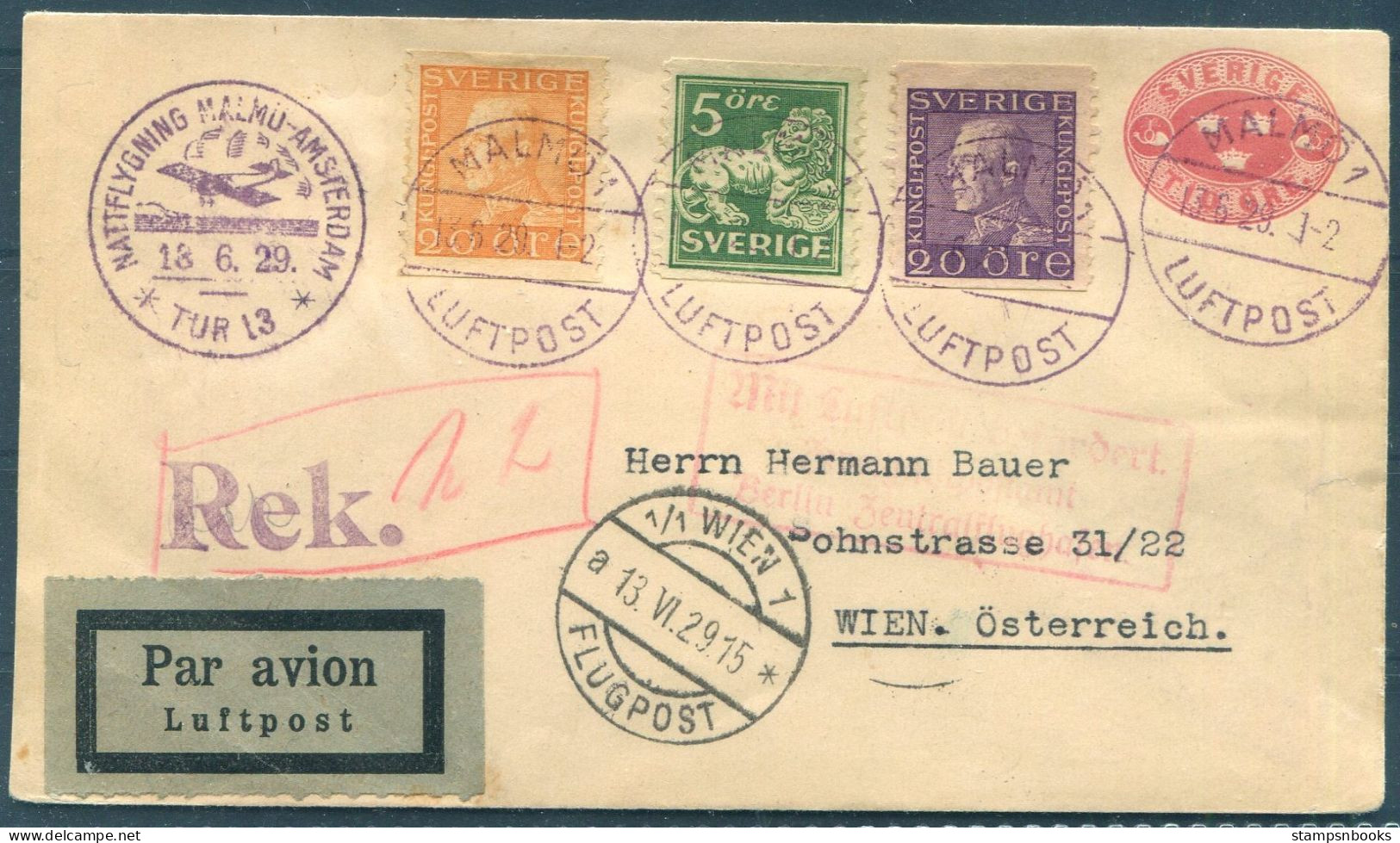 1929 Sweden Registered Stockholm - Wien Austria Via Berlin Germany Airmail 13th Night Flight Cover. Stockholm/Amsterdam  - Covers & Documents