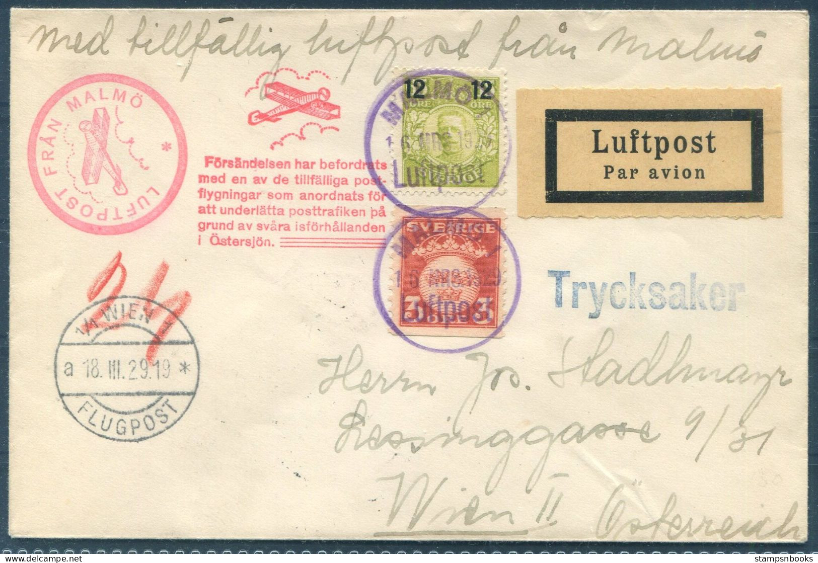 1929 Sweden Malmo - Wien Austria Icemail Airmail Luftpost Flight Cover - Covers & Documents