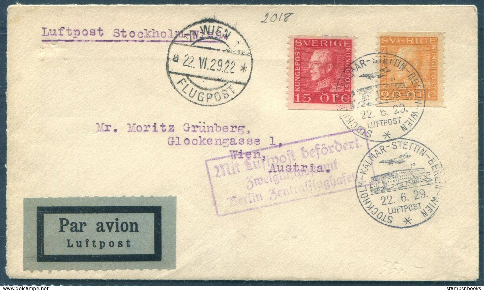 1929 Sweden Stockholm - Kalmar - Stettin - Berlin - Wien Austria Airmail Lufthansa 1st Flight Cover  - Covers & Documents