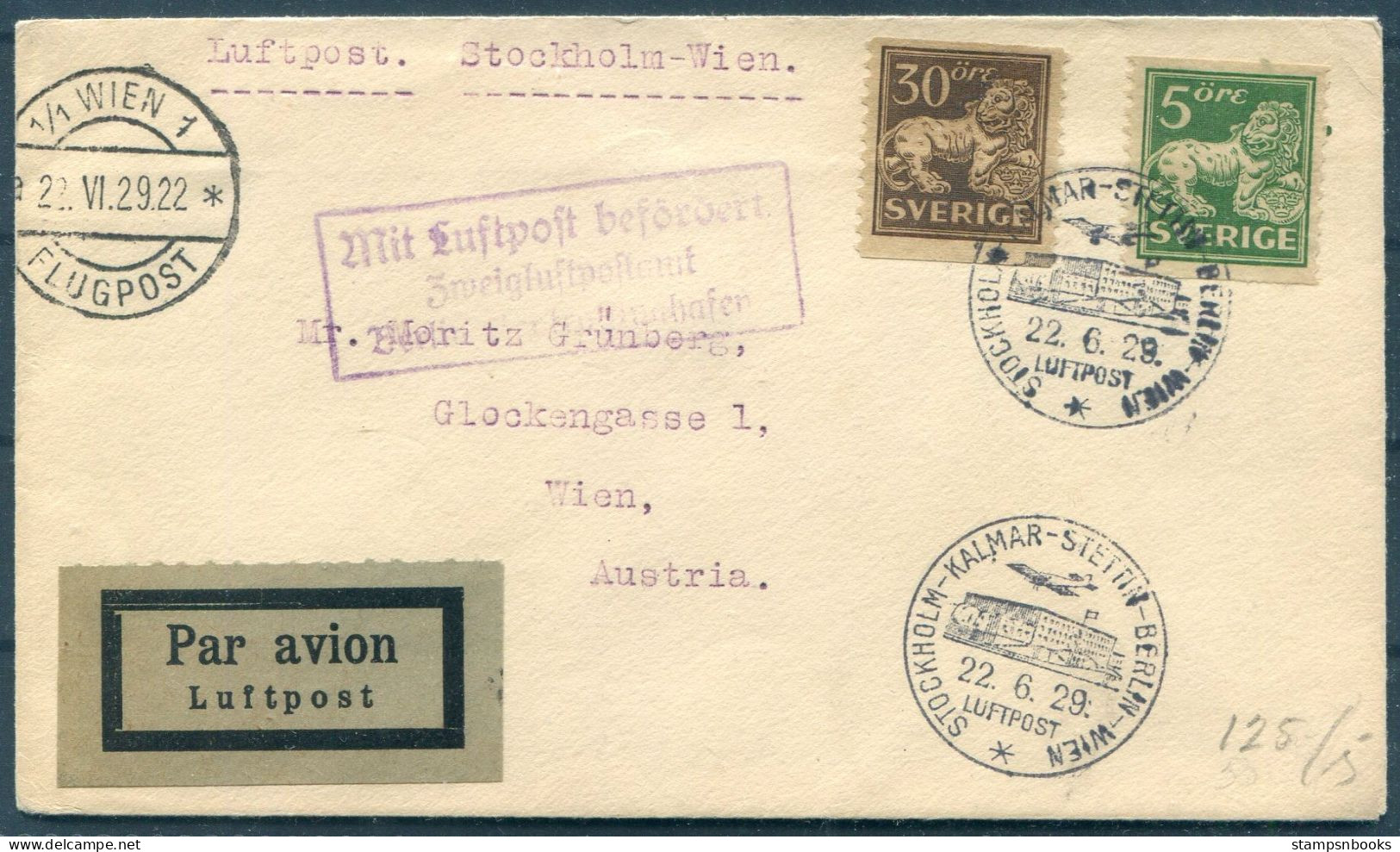 1929 Sweden Stockholm - Kalmar - Stettin - Berlin - Wien Austria Airmail Lufthansa 1st Flight Cover  - Covers & Documents