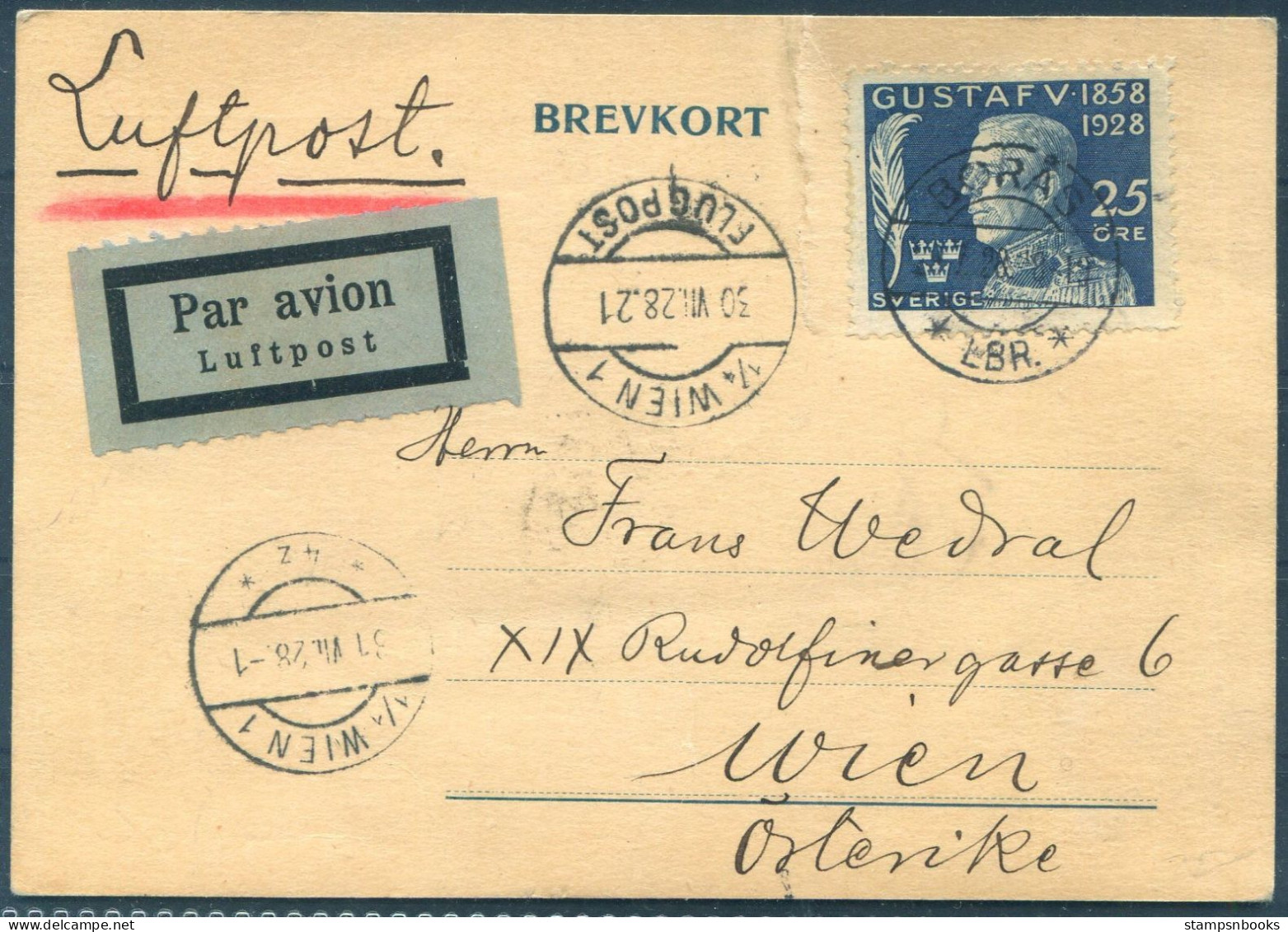 1928 Sweden Boras - Wien Austria Airmail Luftpost Flight Postcard  - Covers & Documents