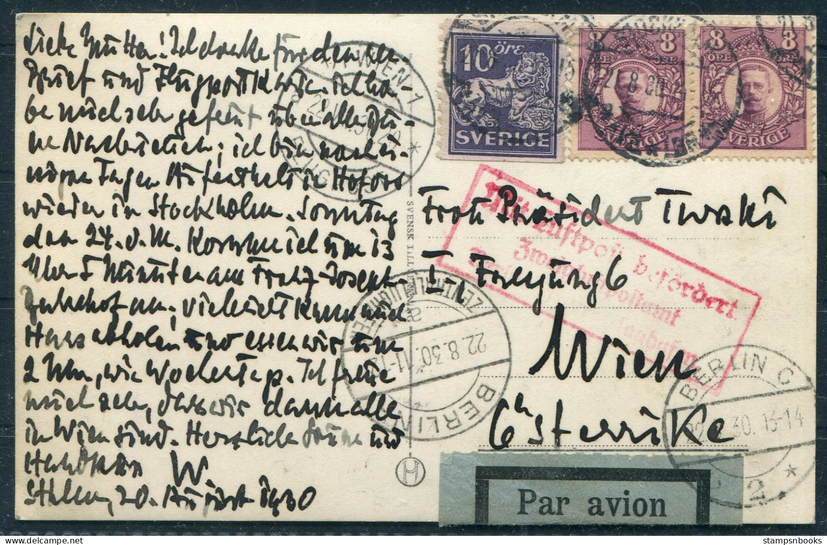 1930 Sweden Stockholm - Berlin - Wien Austria Airmail Flight Postcard - Covers & Documents