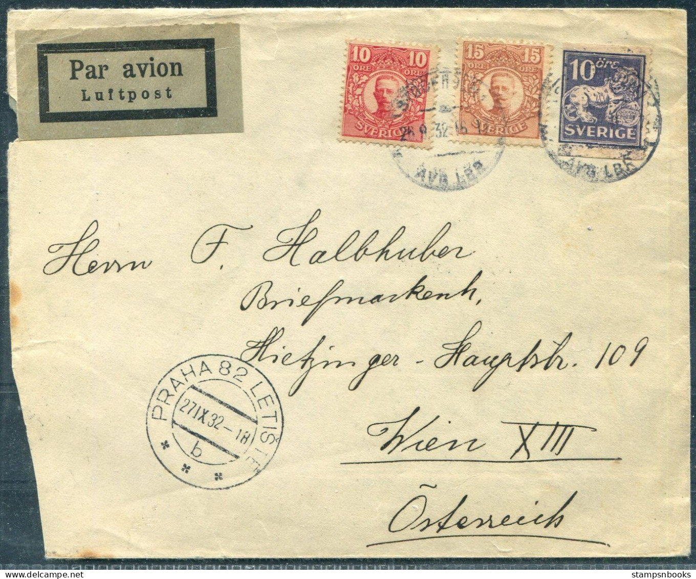 1932 Sweden Stockholm - Wien Via Prague Praha Airmail Luftpost Cover - Covers & Documents
