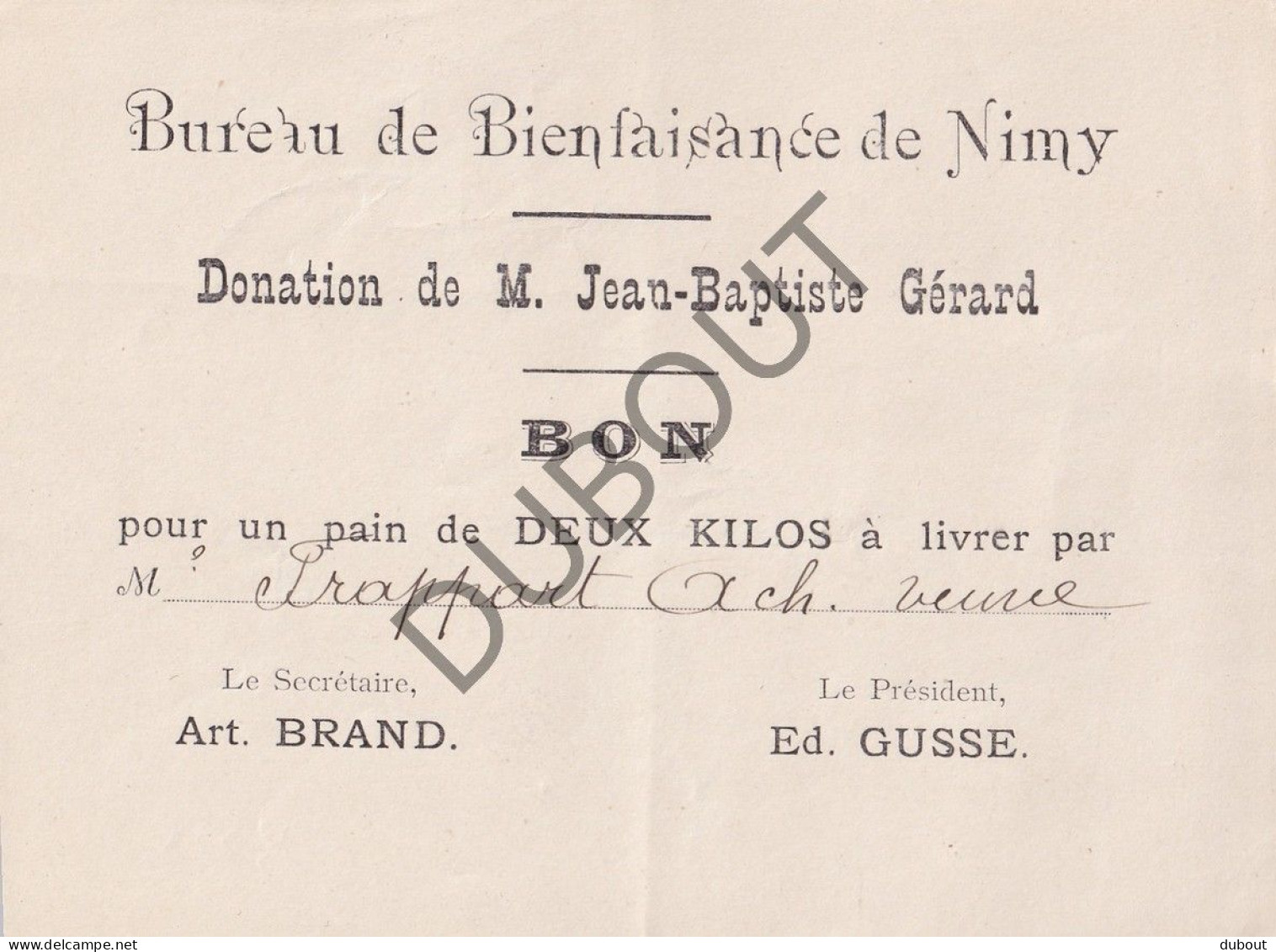 Nimy/Bergen/Mons  - Bureau De Bienfaisance, Donation De Mr Jean-Baptiste Gérard, Bon Pour Un Pain  (V3137) - Manuskripte