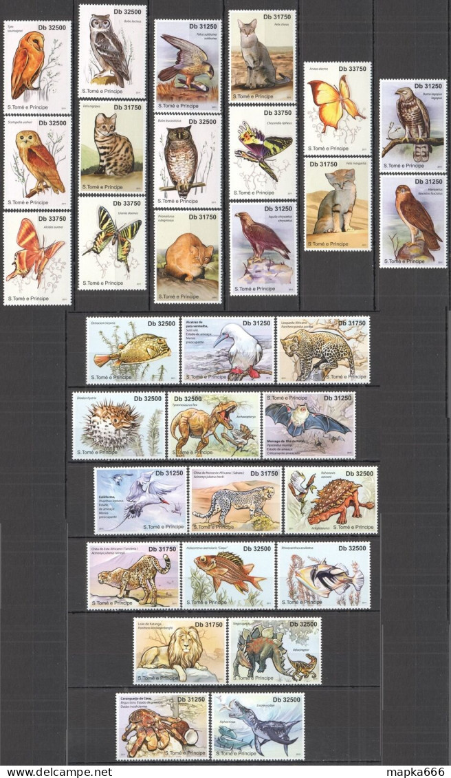 Wb371,372 2011 Sao Tome & Principe Dinosaurs Cats Birds Fishes Butterflies Mnh - Other & Unclassified
