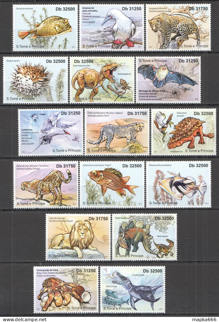 Wb371 2011 Sao Tome & Principe Dinosaurs Wild Cats Birds Fishes Fauna Mnh - Other & Unclassified