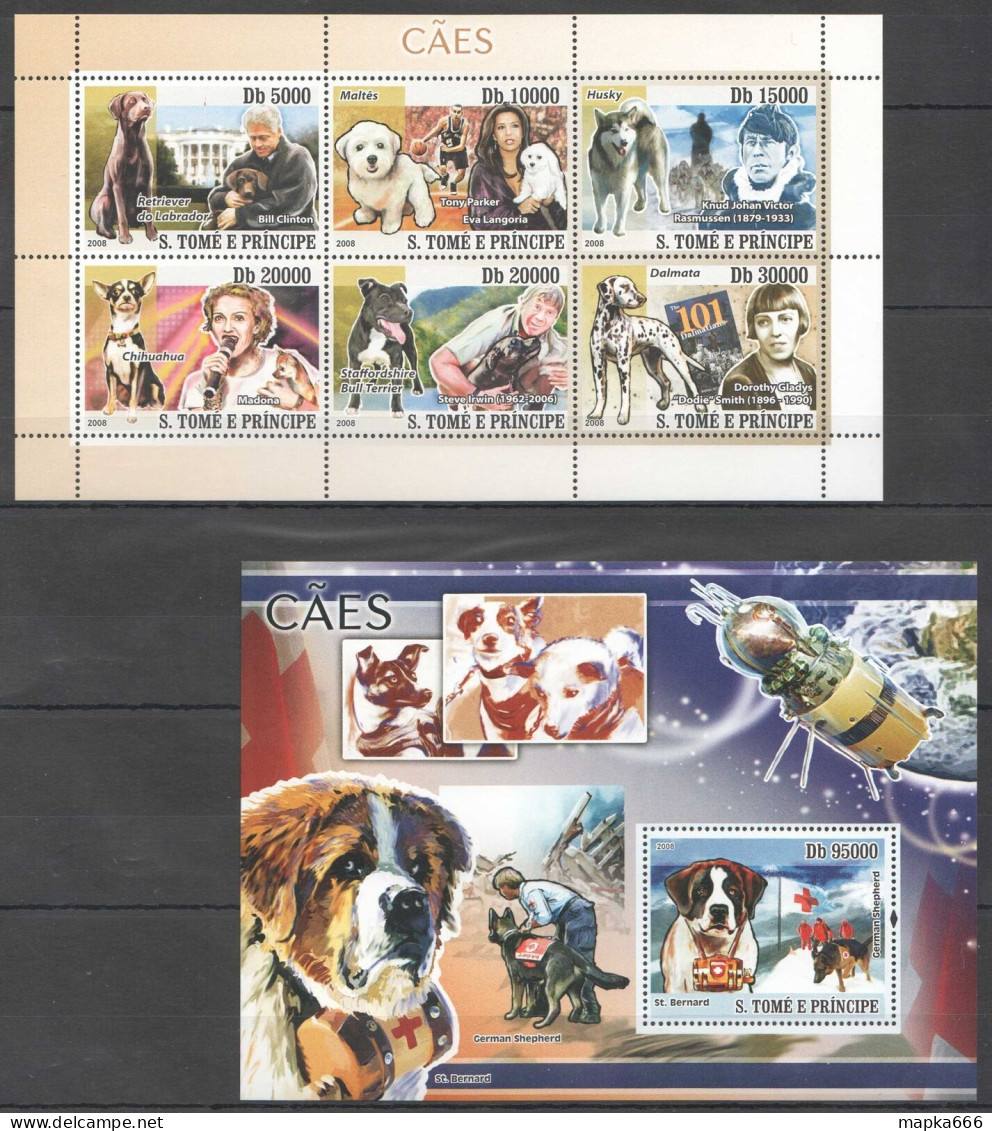 O0238 2008 S. Tome & Principe Pets Dogs Caes & Famous People & Space 1Bl+1Kb Mnh - Chiens