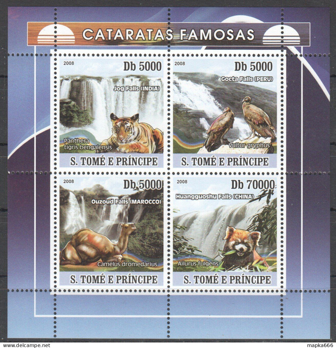O0226 2008 Sao Tome & Principe Waterfalls Birds Animals Tigers Kb Mnh - Autres & Non Classés