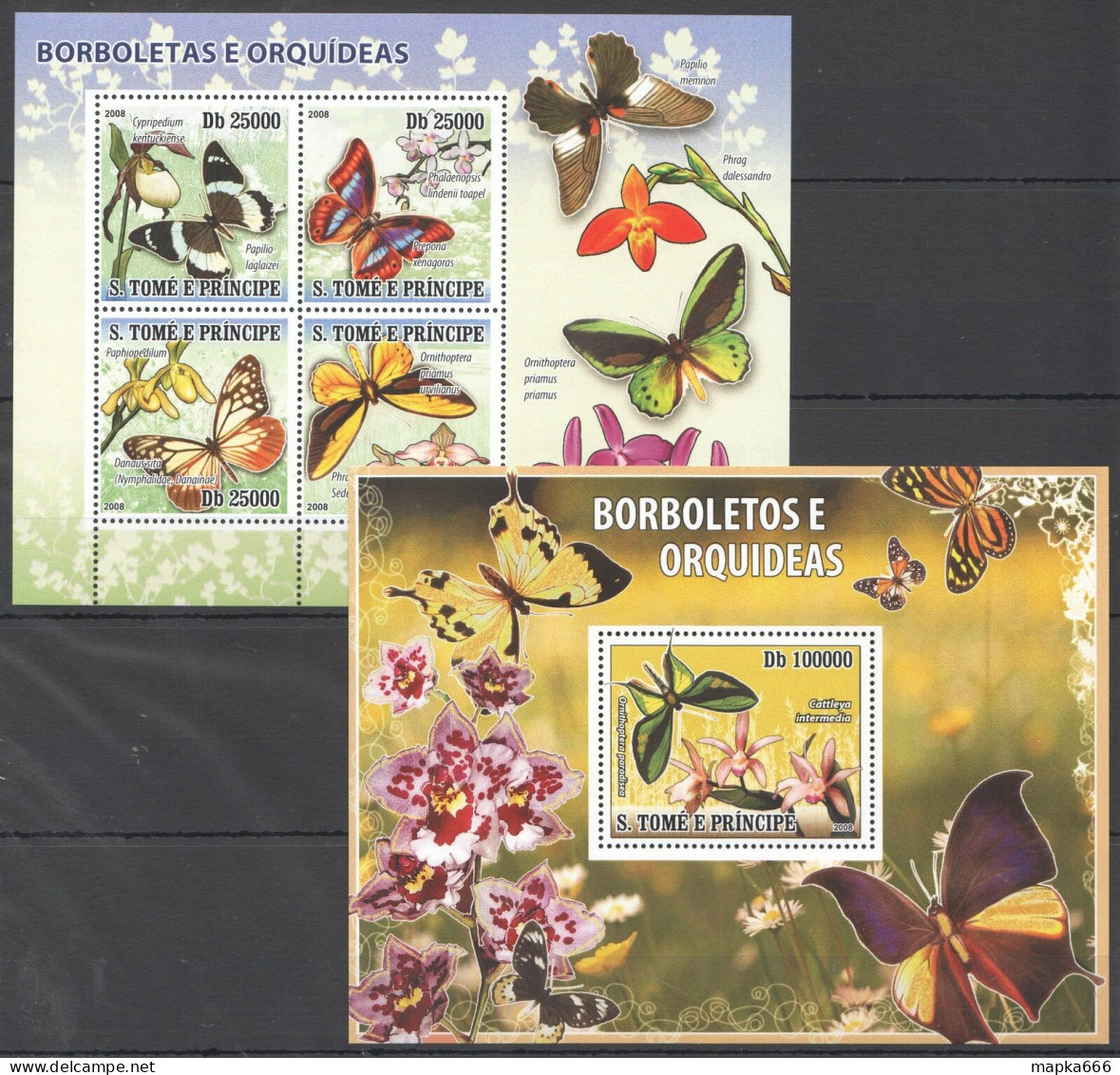 O0221 2008 S.Tome & Principe Butterflies & Orchids Fauna Kb+Bl Mnh - Schmetterlinge