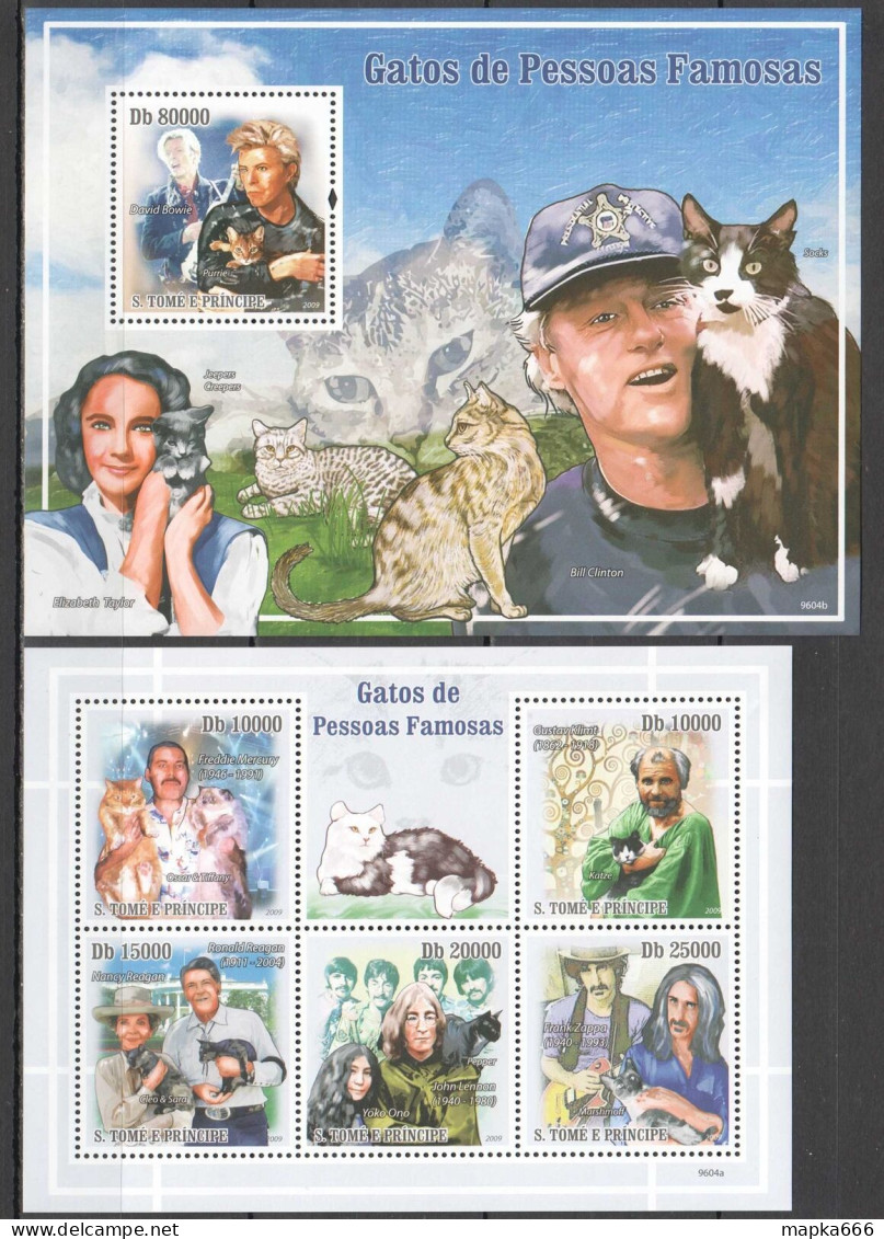 O0201 2009 S.Tome & Principe Famous People & Cats Mercury Lennon Kb+Bl Mnh - Domestic Cats