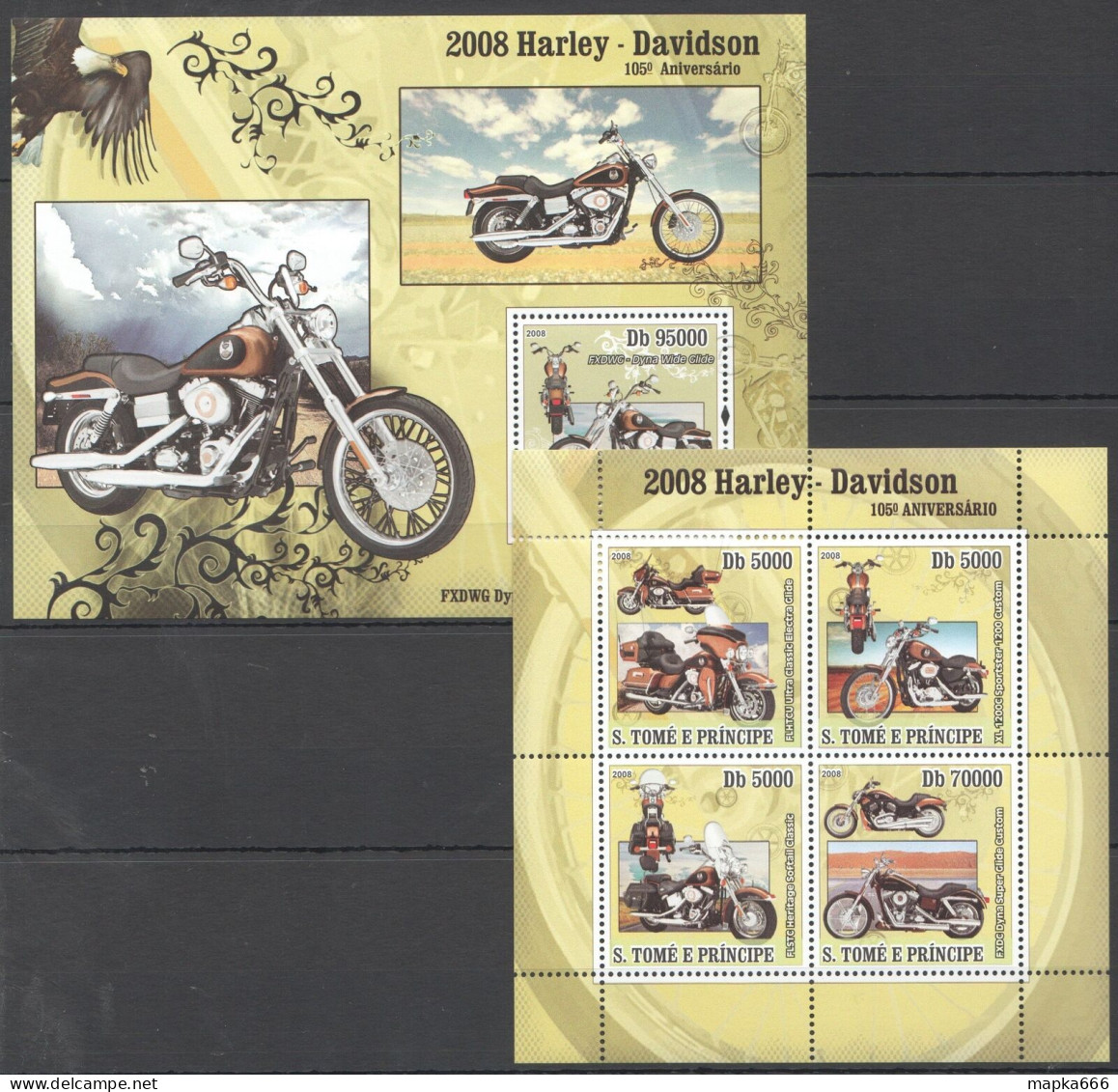 O0205 2008 Sao Tome & Principe Motos Harley Davidson Transport 1Kb+1Bl Mnh - Auto's
