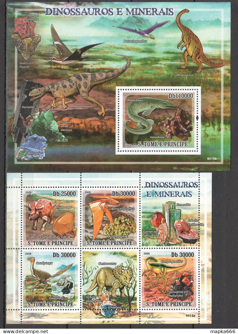O0198 2009 Sao Tome & Principe Dinosaurs & Minerals Kb+Bl Mnh - Préhistoriques