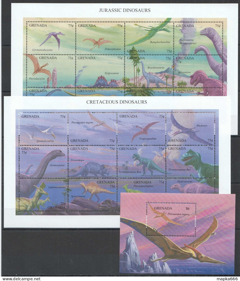 O0193 Grenada Fauna Cretaceous & Jurassic Dinosaurs !!! 2Sh+1Bl Mnh - Prehistorisch