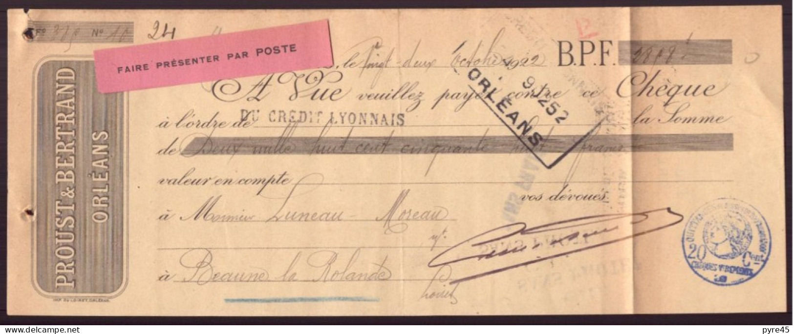 CHEQUE DU 22 / 10 / 1922 PROUST BERTRAND A ORLEANS - Chèques & Chèques De Voyage