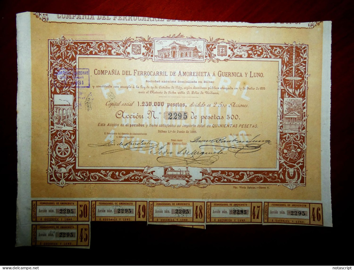 Compañía Del Ferrocarril De Amorebieta á Guernica Y Luno 1888 Spain,share Certificate - Ferrocarril & Tranvías