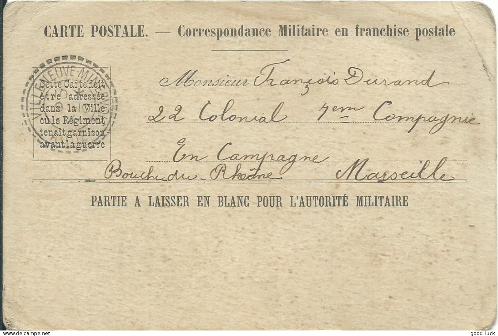 FRANCE CARTE FRANCHISE VILLENEUVE-MINERVOIS ( AUDE ) POUR MARSEILLE ( BOUCHES DU RHONE ) DE 1914 LETTRE COVER - 1. Weltkrieg 1914-1918