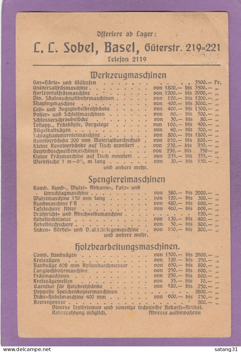 WERKZEUG- SPRENGLER- HOLZBEARBEITUNGSMASCHINEN, SOBEL. POSTKARTE AUS CÖTHEN NACH RICHTERSWIL,SCHWEIZ. - Cartas & Documentos