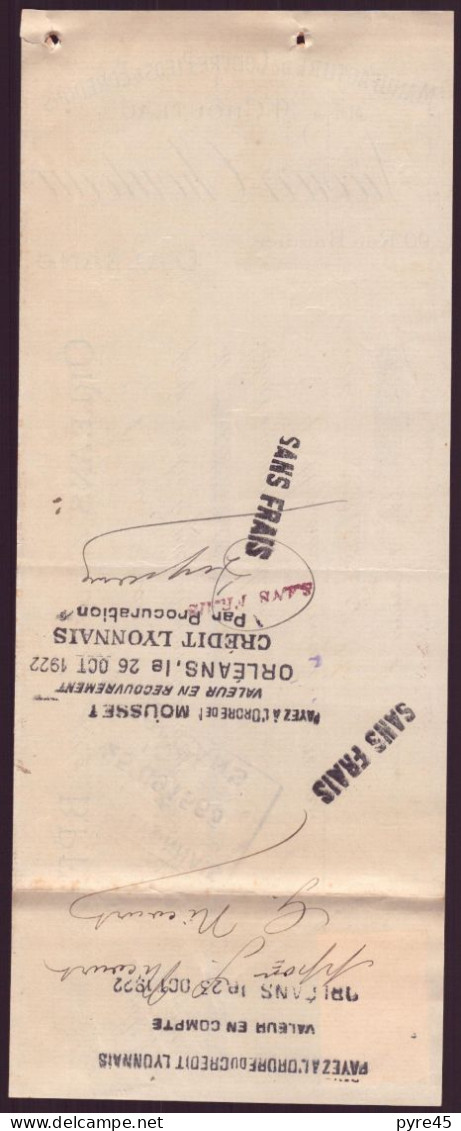 CHEQUE DU 29 / 10 / 1922 MANUFACTURE DE COUVRE PIEDS & EDREDONS A ORLEANS - Cheques En Traveller's Cheques