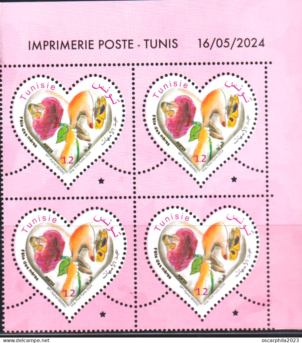 2024-Tunisie-Fête Des Mères-Femme-Enfant-Rose-Papillon-Mains- Bloc De 4 Coin Daté- Série Complète 4v.MNH****** - Papillons