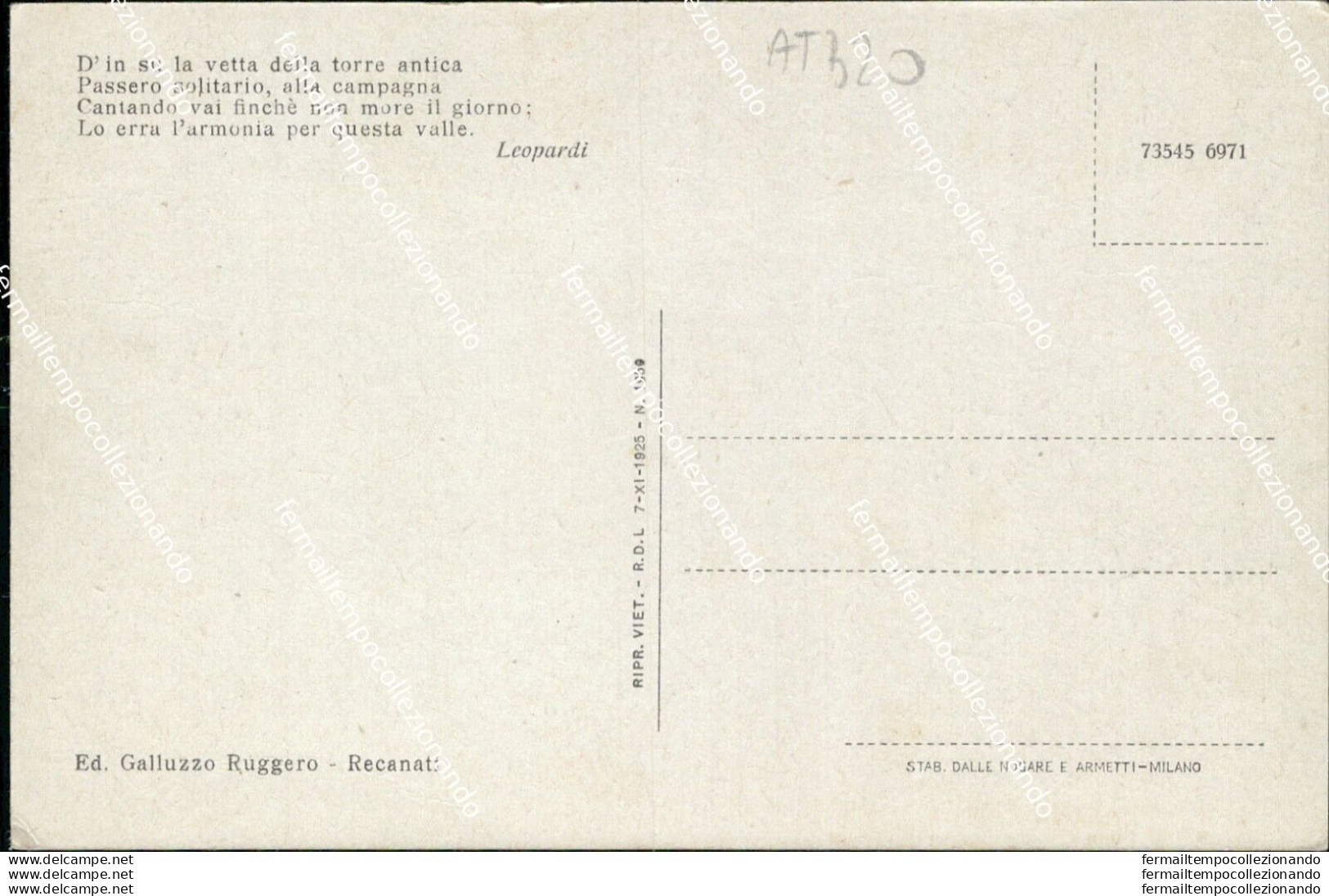 At320 Cartolina Recanati La Torre Del Passero Solitario Provincia Di Macerata - Macerata