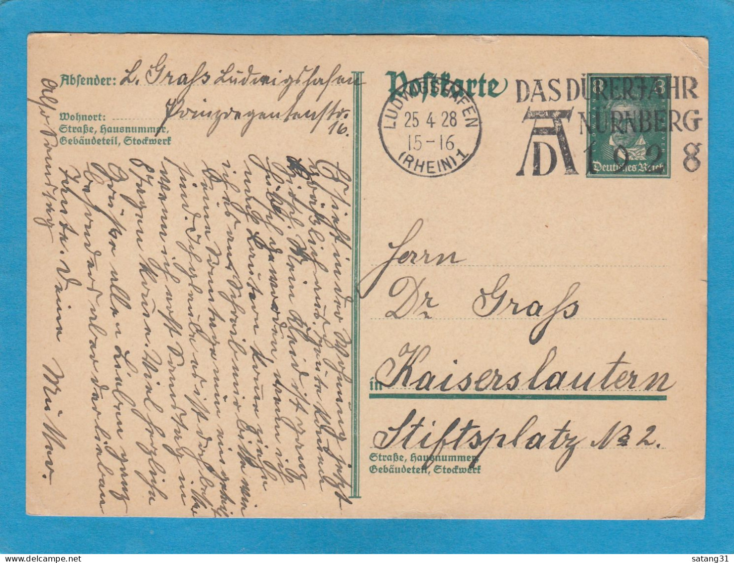 GANZSACHE MIT STEMPEL " DAS DÜRER JAHR NÜRNBERG 1928 ". - Cartes Postales