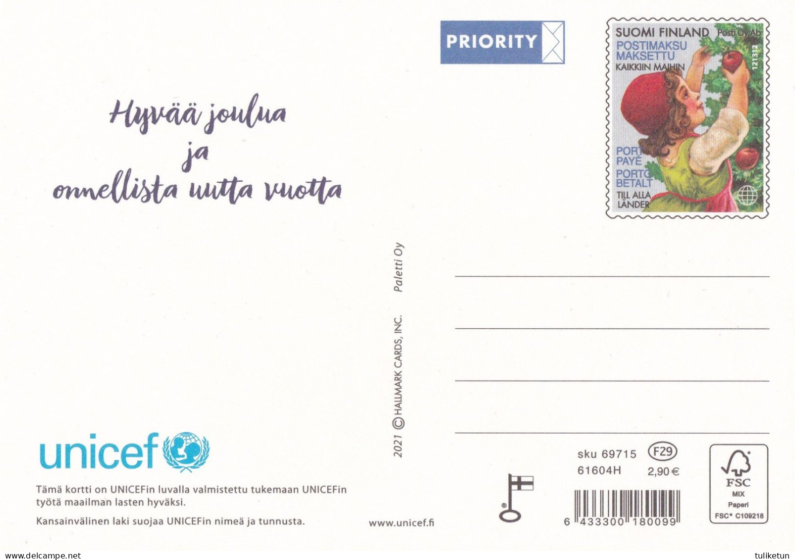 Postal Stationery - Children Decorating Christmas Tree - Unicef 2021 - Suomi Finland - Postage Paid - Entiers Postaux