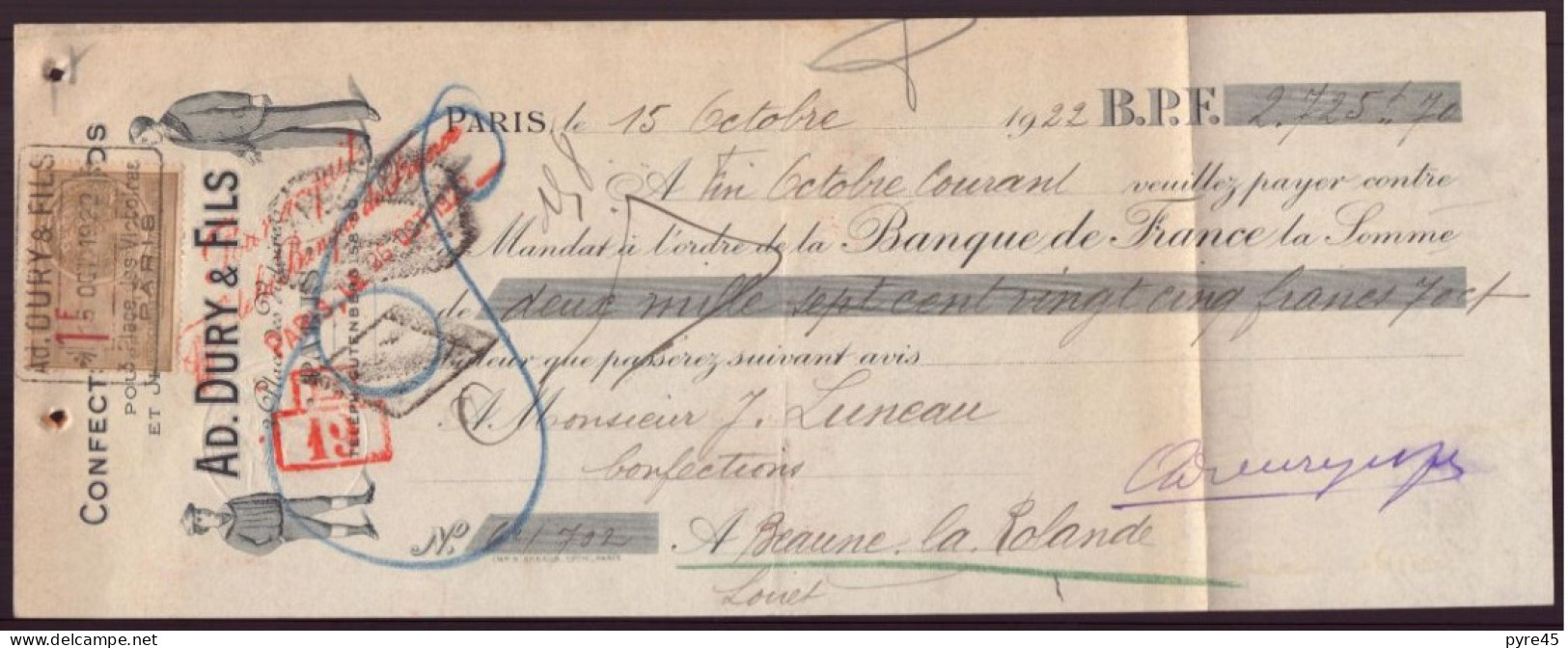 CHEQUE DU 15 / 10 / 1922 CONFECTIONAD. DURY & FILS A PARIS - Chèques & Chèques De Voyage