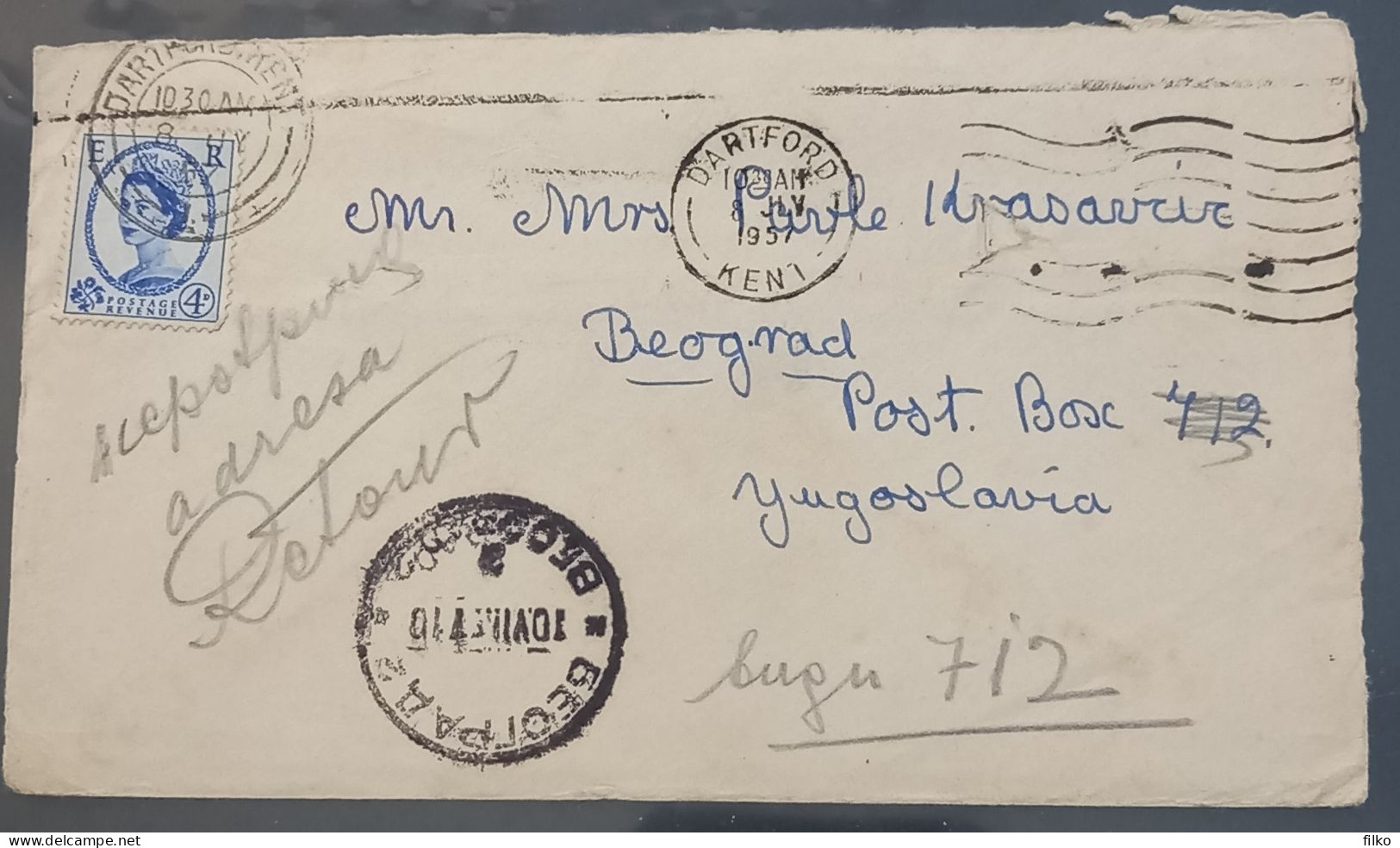 GB,QEII,letter Cancel:Dartford-Kent,08.07.1957 Sent To Belgrade,10.07.1957,as Scan - Covers & Documents