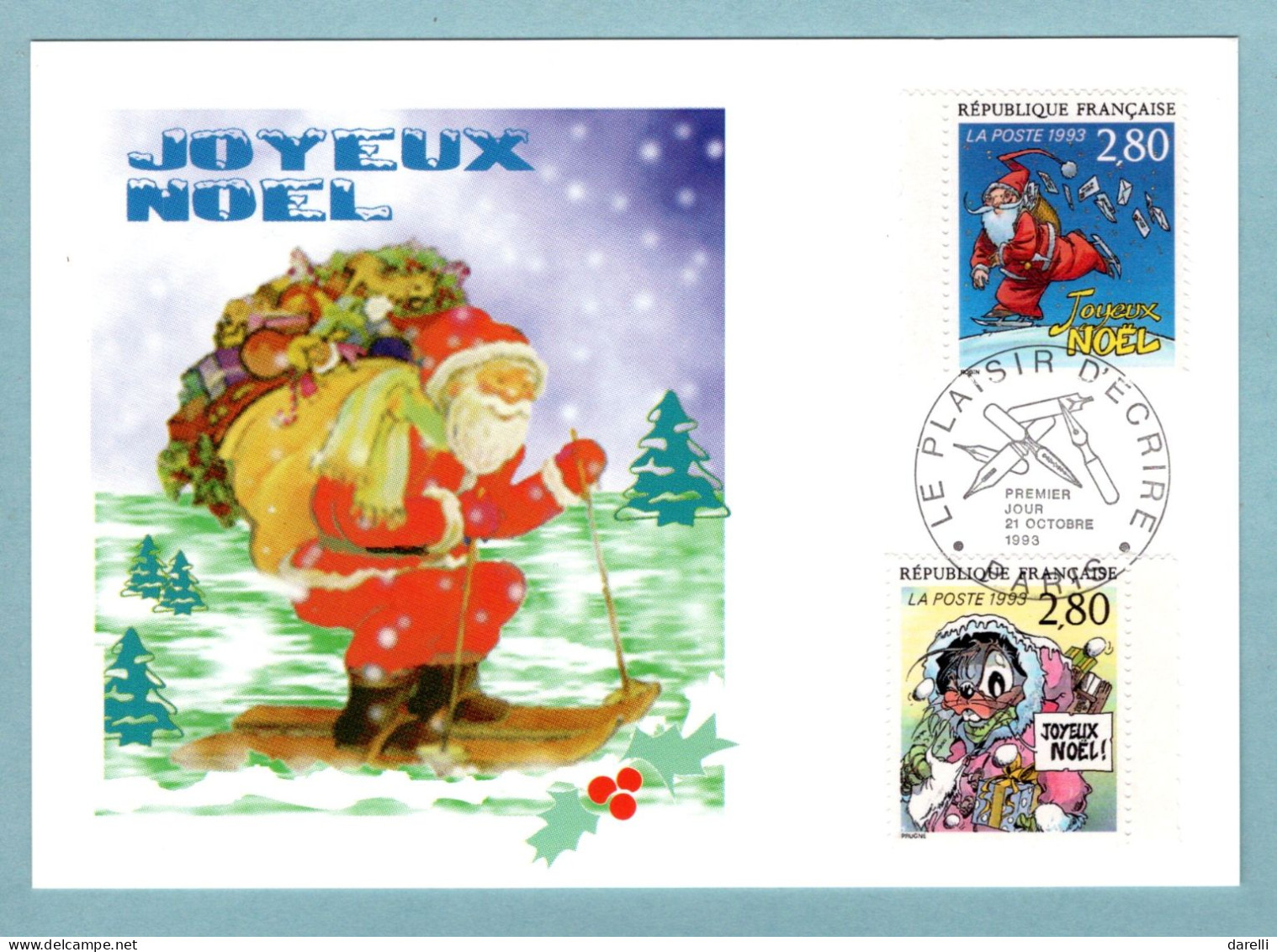 Carte Maximum 1993 - Le Plaisir D'écrire - Joyeux Noël - YT 2846 Et YT 2847 - Paris - 1990-1999