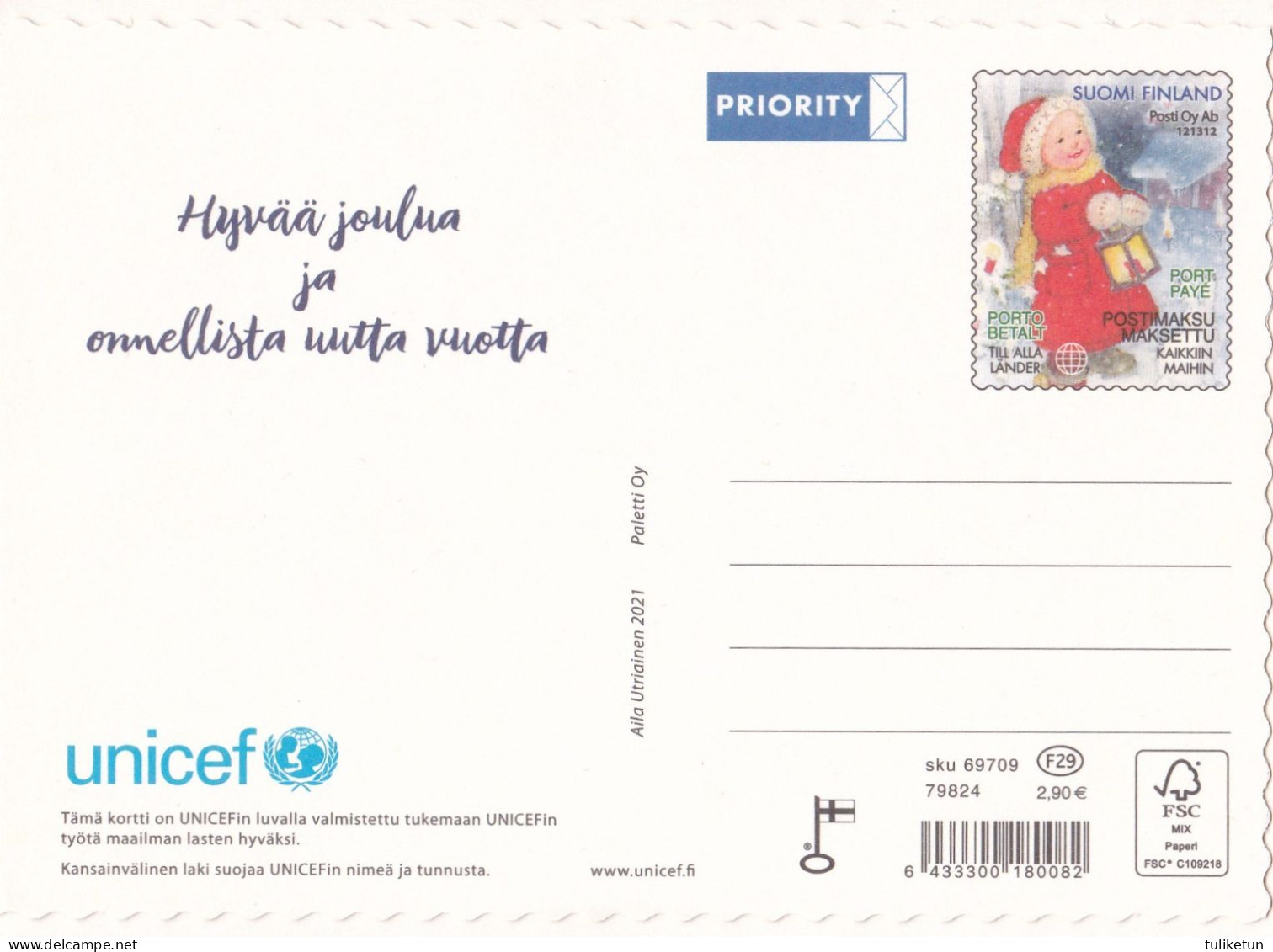 Postal Stationery - Girl Holding Candle Lantern - Hares - Apples - Unicef 2021 - Suomi Finland - Postage Paid - Postal Stationery