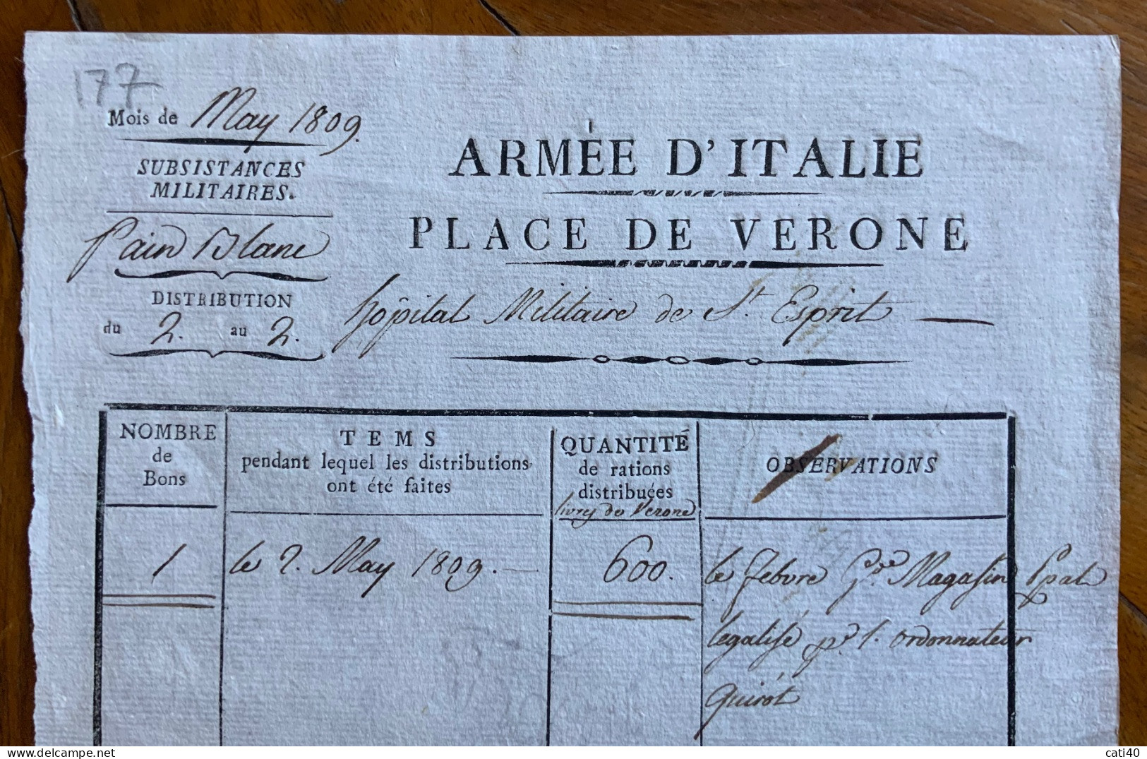 ARMEE D'ITALIE - PLACE DE VERONE  MAG 1809 - SUSSISTENZA MILITARE  OSPEDALE MILITARE DI S.SPIRITO ..600 PANNI DI LANA .. - Historische Dokumente