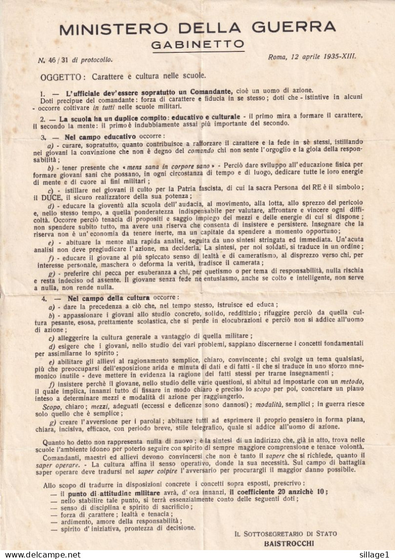 Roma Italie MINISTERO DELLA GUERRA GABINETTO ROMA, 12 Aprile 1935 Carattere E Cultura Nelle Scuole BAISTROCCHI - Historische Documenten