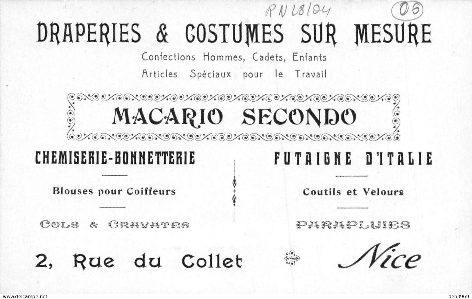 NICE (Alpes-Maritimes) - Chemiserie-Bonneterie-Costumes Sur Mesure Macario Secondo, 2 Rue Du Collet, Pub Verso (2 Scans) - Sonstige & Ohne Zuordnung