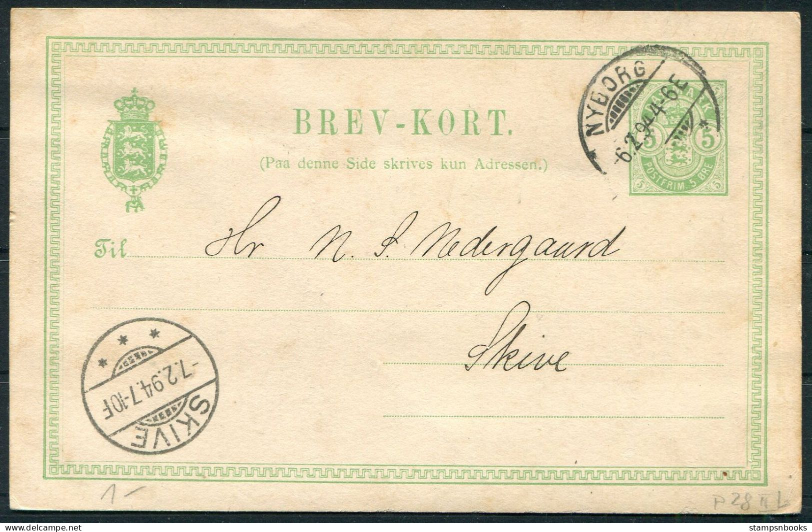 1894 Denmark 5 Ore Stationery Postcard Nyborg - Skive - Lettres & Documents