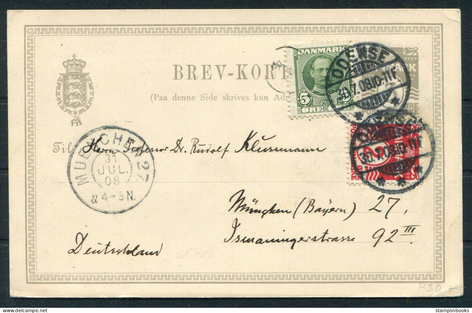 1908 Denmark Uprated 3 Ore Stationery Postcard Odense - Munich Germany - Lettres & Documents