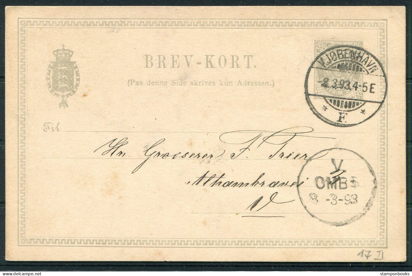 1893 Denmark 3 Ore Stationery Postcard Copenhagen Brevkort - Brieven En Documenten