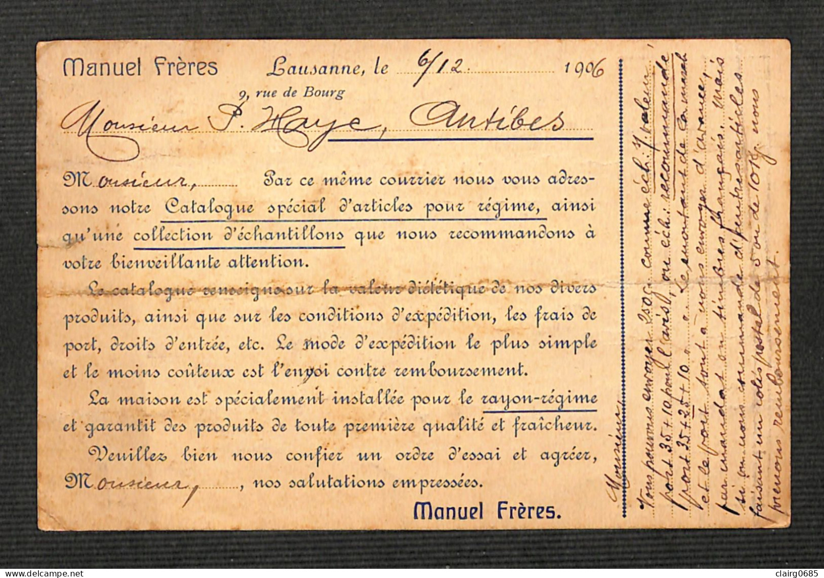 SUISSE - LAUSANNE - PUB - MANUEL FRERES - Maison Spéciale D'alimentation Pour Régime - 1906 - Lausanne