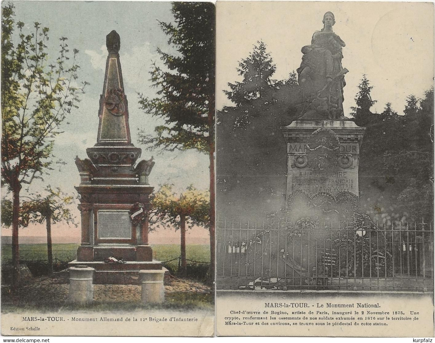 2 CPA Mars-la-Tour - Monument Allemand 12. Infantrie-Brigade + Le Monument National, Feldpost 1915 - Toul