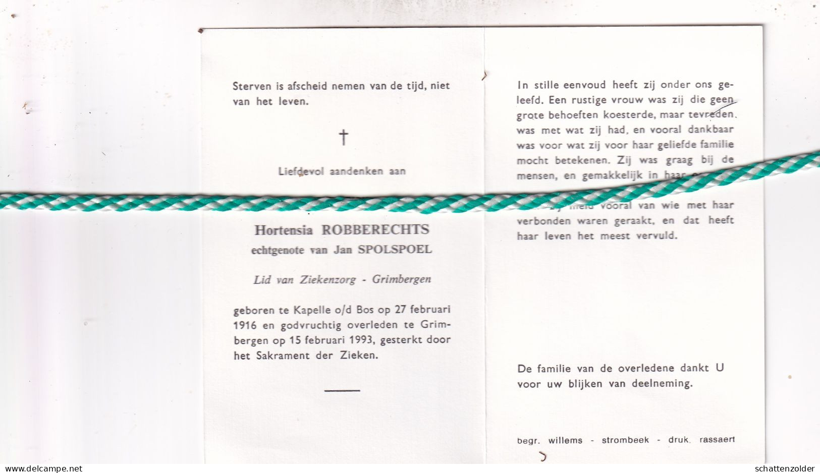 Hortensia Robberechts-Spolspoel, Kapelle Op De Bos 1916, Grimbergen 1993. - Todesanzeige