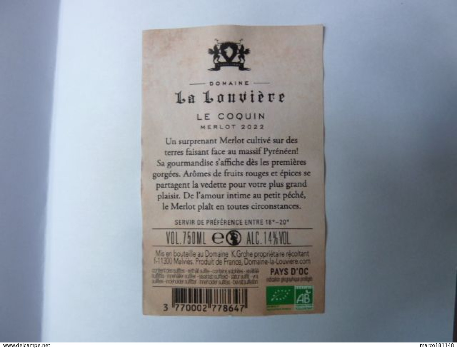 Domaine La Louvière - Le COQUIN - Malviès Malepère - 2022 - Rouges