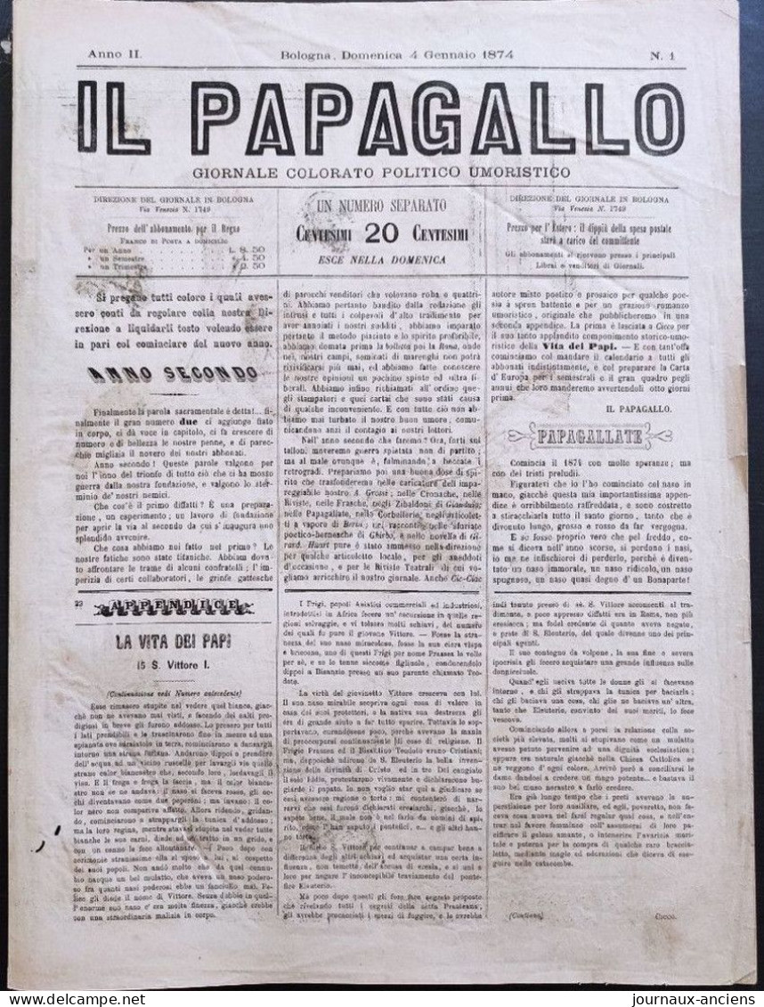 1874 Journal satirique - IL PAPAGALLO - Augusto GROSSI ( 1835 - 1919 ) - CIRQUE - FRANCE - TURQUIE - ANGLAIS - RUSSIE