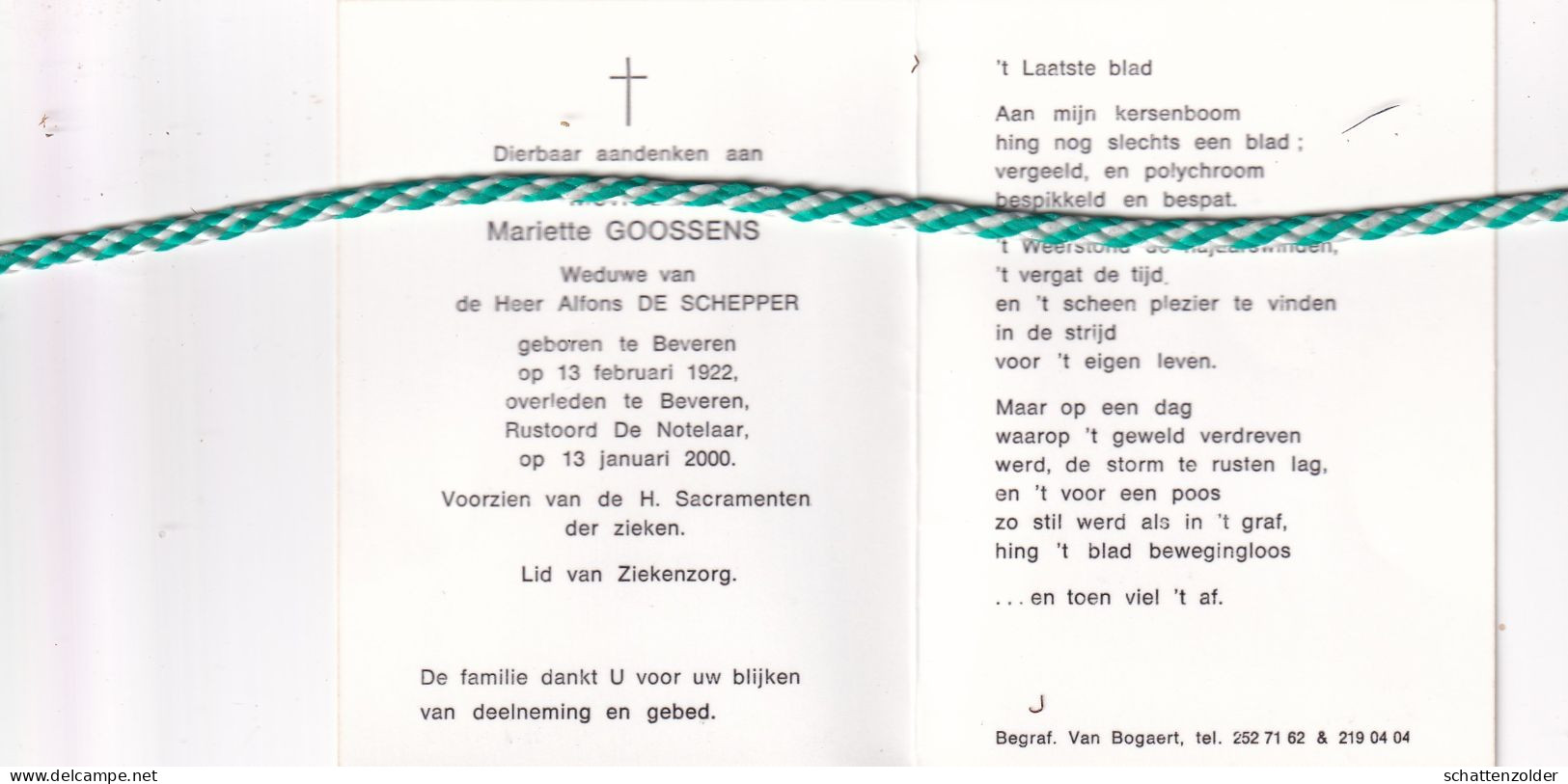 Mariette Goossens-De Schepper, Beveren 1922, 2000. Foto - Décès