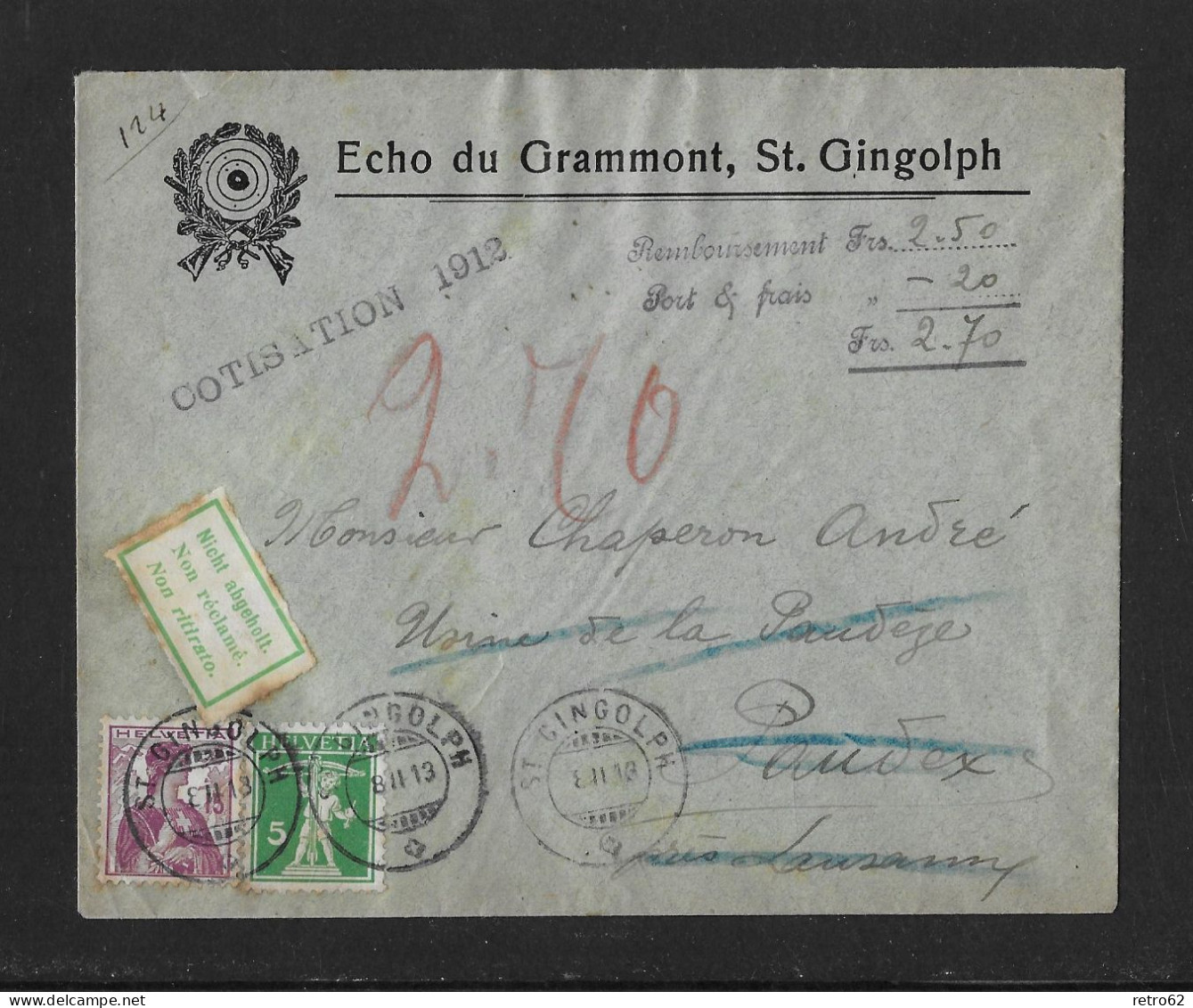 1913 HEIMAT WALLIS/VALAIS ► Non Réclamé Remboursement-Brief Mit Zudruck "Echo Du Grammont, St. Gingolph" Nach Paudex/VD - Lettres & Documents