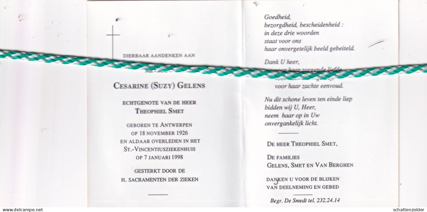 Cesarine (Suzy) Gelens-Smet, Antwerpen 1926, 1998. Foto - Overlijden