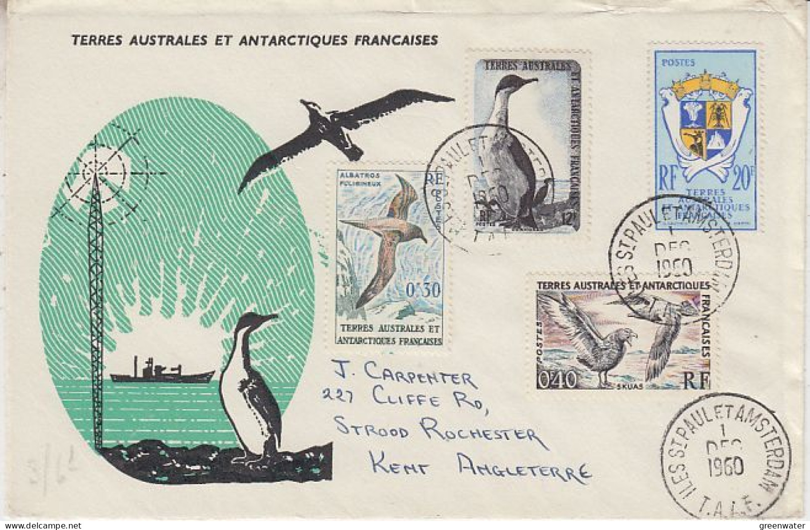 TAAF 1959 Definitives 4v On Letter Ca St. Paul Et Amsterdam 1 DEC 1960 (59850) - Covers & Documents