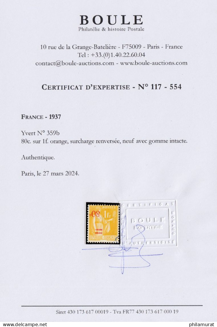 N°359b, Surcharge Renversée, Paix 80c/1fr Orange, Neuf ** SUPERBE - Certificat - Unused Stamps
