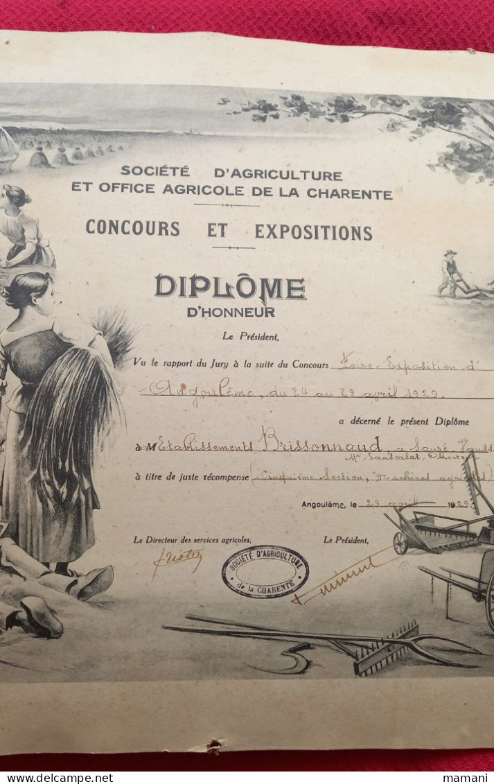 Diplôme D'honneur D'agricole Sauze Vaussais - Diplômes & Bulletins Scolaires