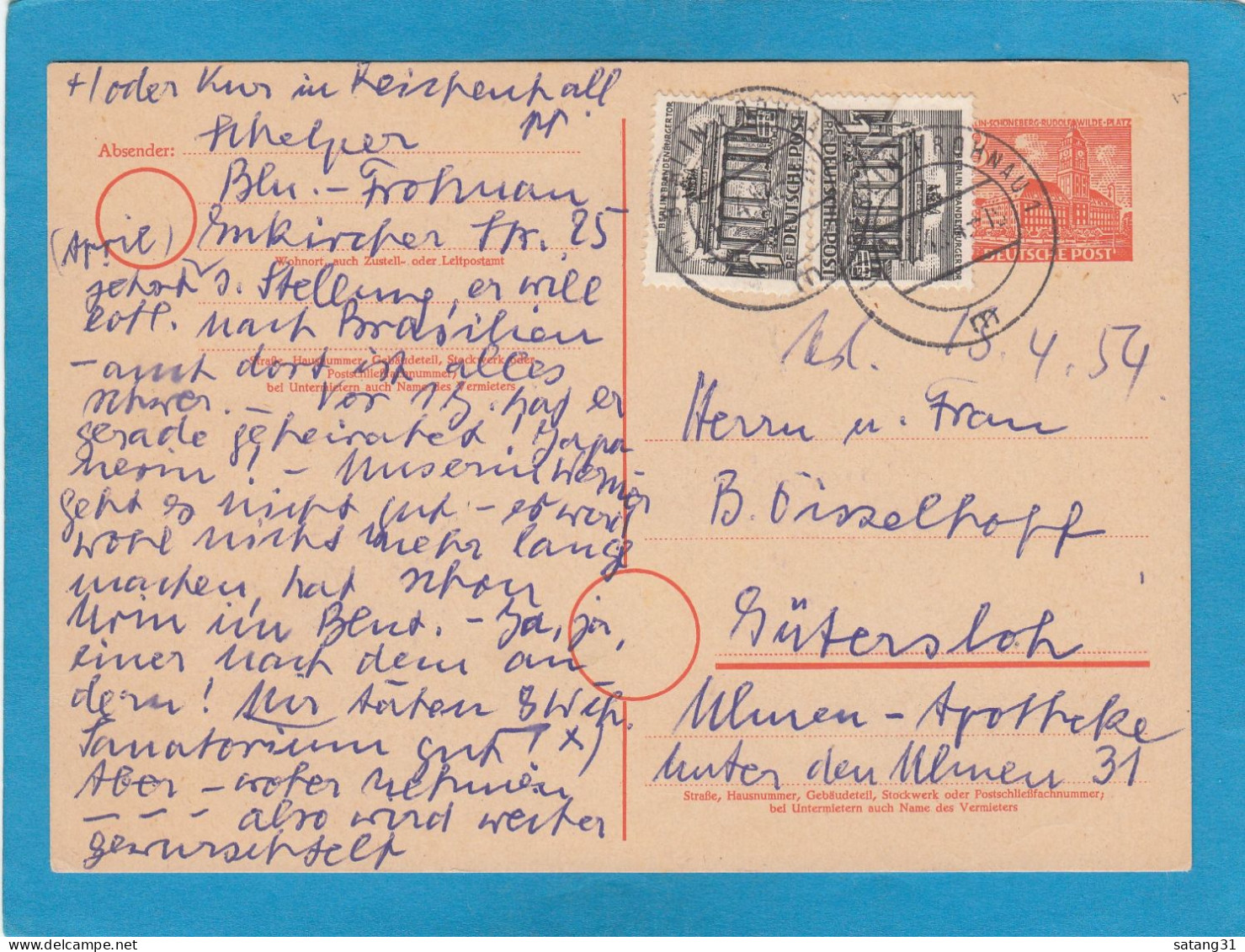 GANZSACHE MIT ZUSATZFRANKATUR AUS BERLIN - FROHNAU NACH GÜTERSLOH,1954. - Cartes Postales - Oblitérées